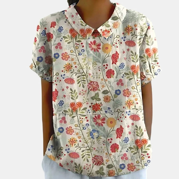 Women's Relaxed-Fit Floral-Print Collared Short-Sleeve Blouse - Light Pink with Floral Print