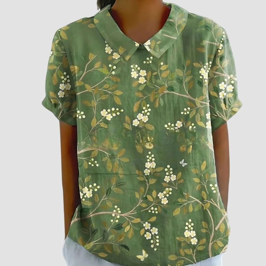 Women's Relaxed-Fit Floral-Print Collared Short-Sleeve Blouse - Green 2