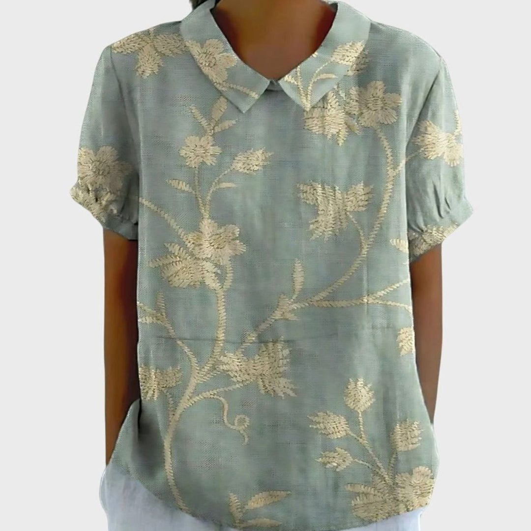 Women's Relaxed-Fit Floral-Print Collared Short-Sleeve Blouse - Yellowish Green