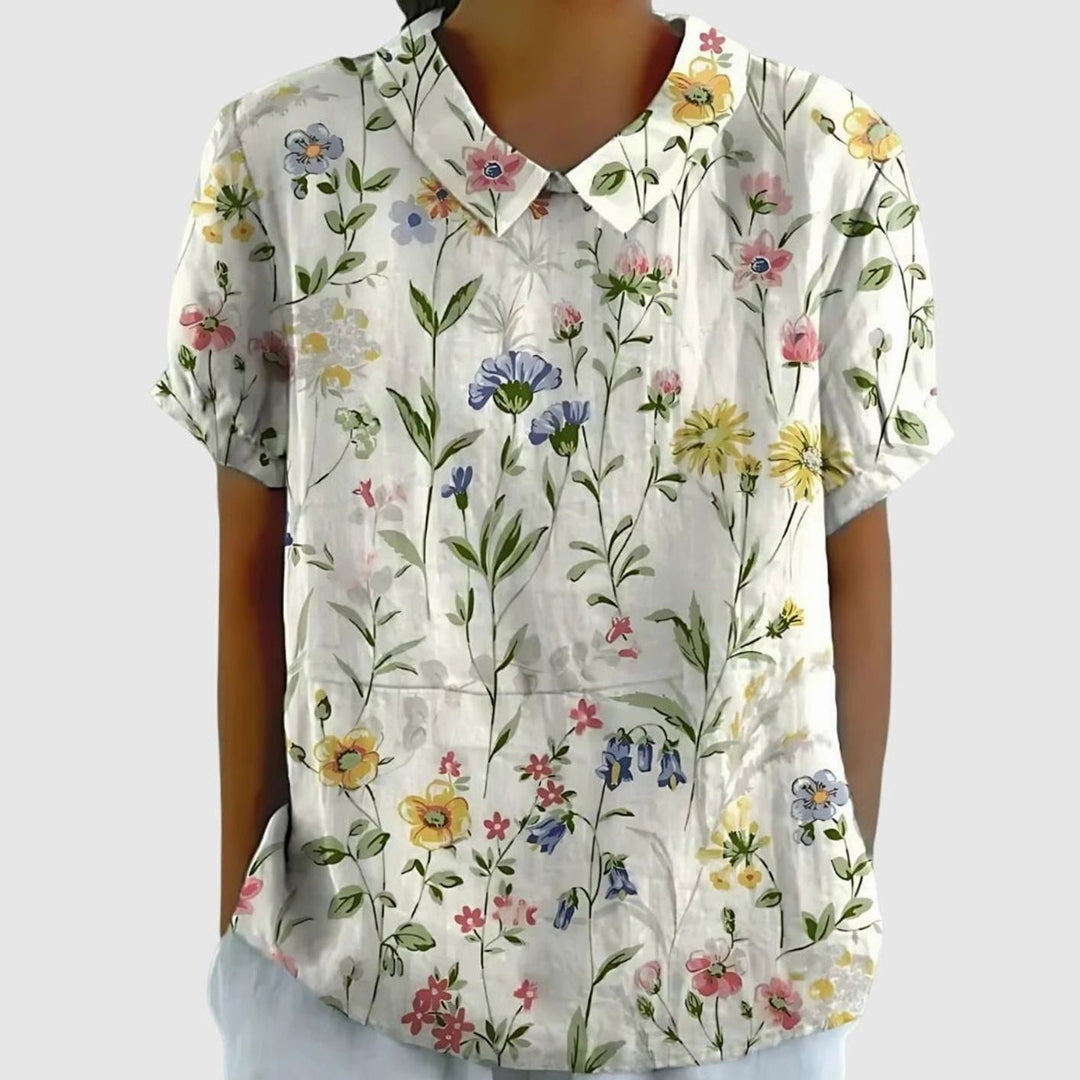Women's Relaxed-Fit Floral-Print Collared Short-Sleeve Blouse - White with Flowers