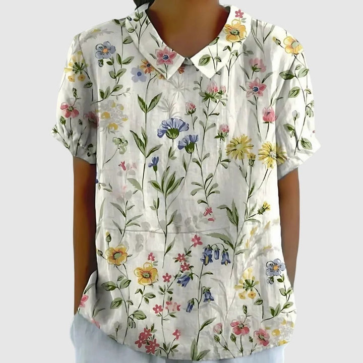 Women's Relaxed-Fit Floral-Print Collared Short-Sleeve Blouse - White with Flowers