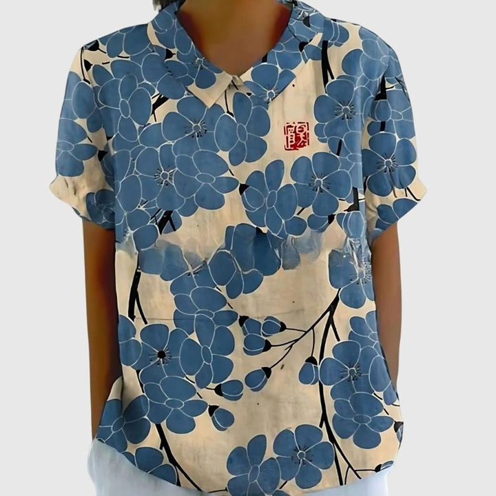 Women's Relaxed-Fit Floral-Print Collared Short-Sleeve Blouse - Blue Flowers