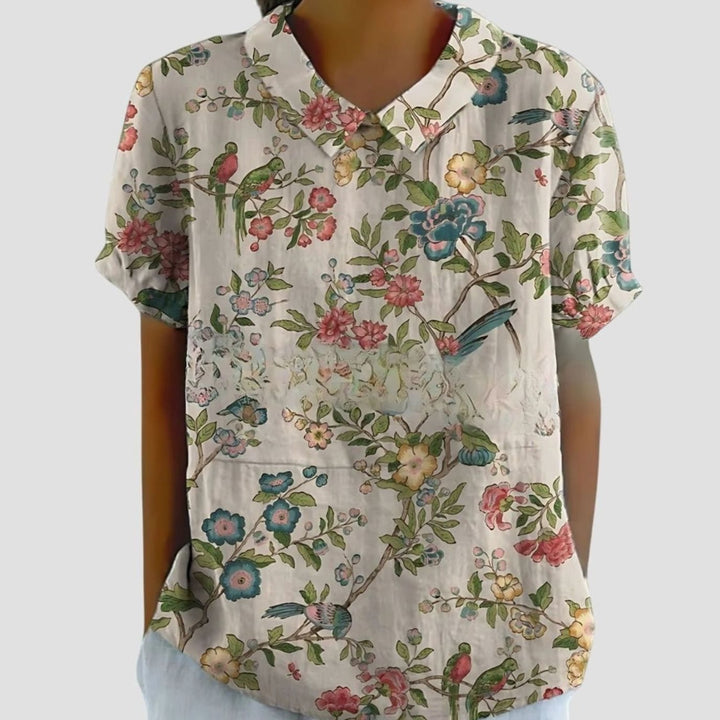Women's Relaxed-Fit Floral-Print Collared Short-Sleeve Blouse - Gray