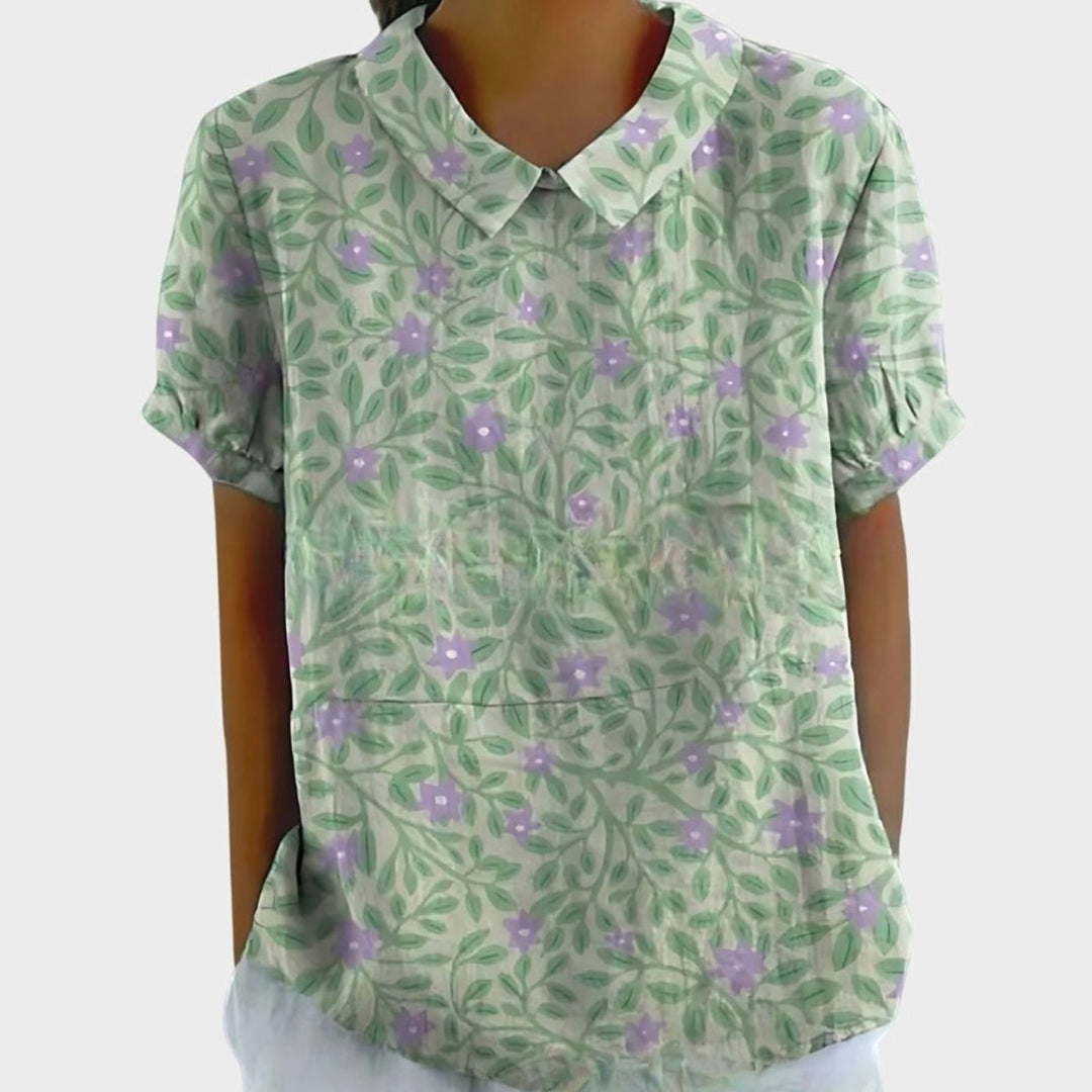 Women's Relaxed-Fit Floral-Print Collared Short-Sleeve Blouse - Green with Floral Print