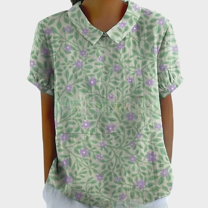 Women's Relaxed-Fit Floral-Print Collared Short-Sleeve Blouse - Green with Floral Print