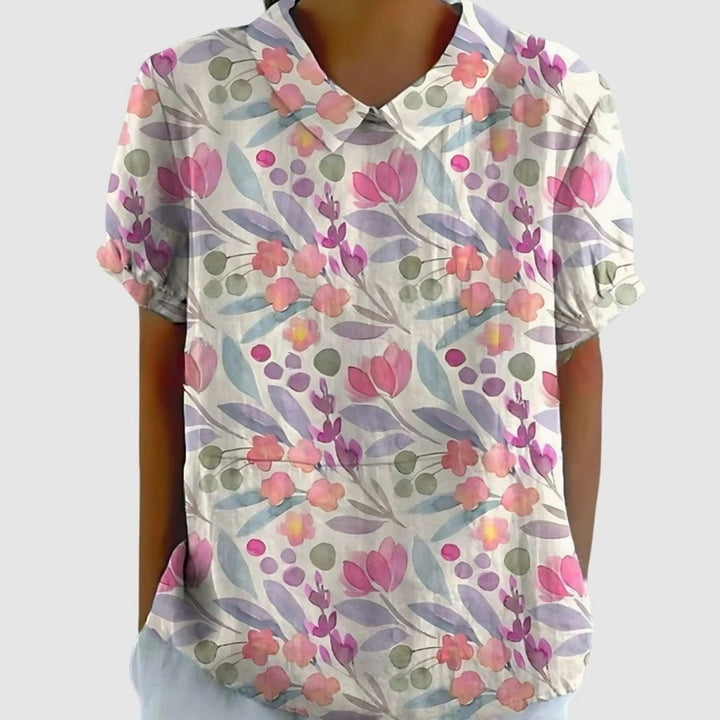 Women's Relaxed-Fit Floral-Print Collared Short-Sleeve Blouse - Dark Pink