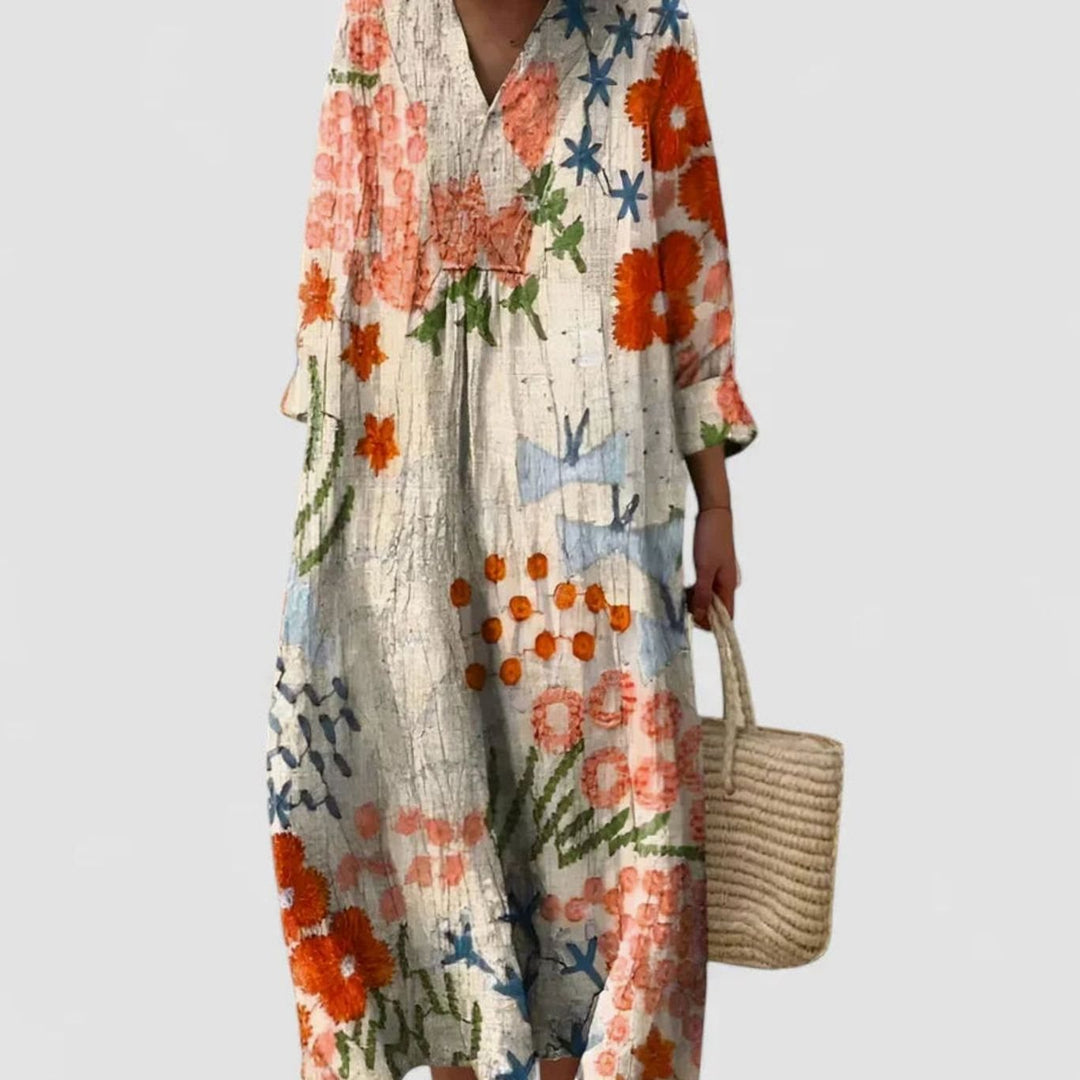 Women's Relaxed-Fit Floral V-Neck Long-Sleeve Comfortable Dress - Beige Floral