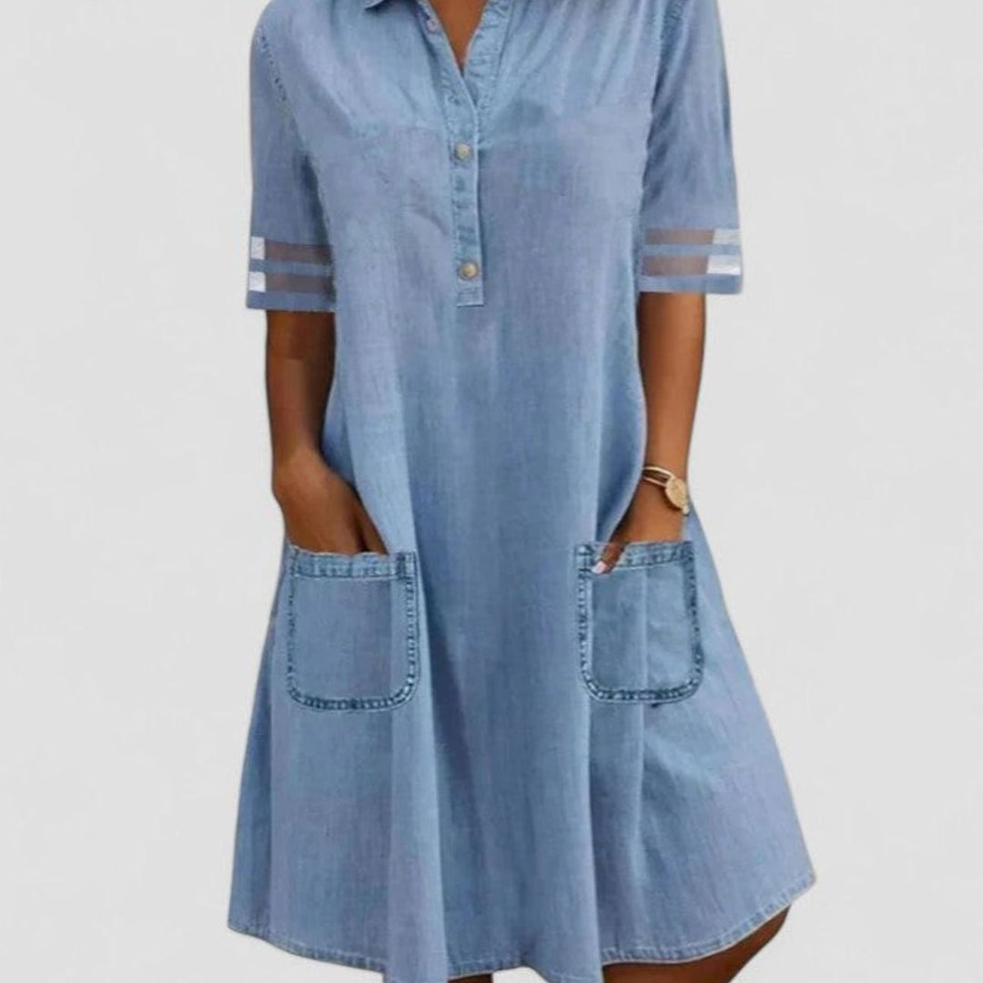 Women's Relaxed-Fit Half-Button Patch-Pocket Denim Dress - Blue