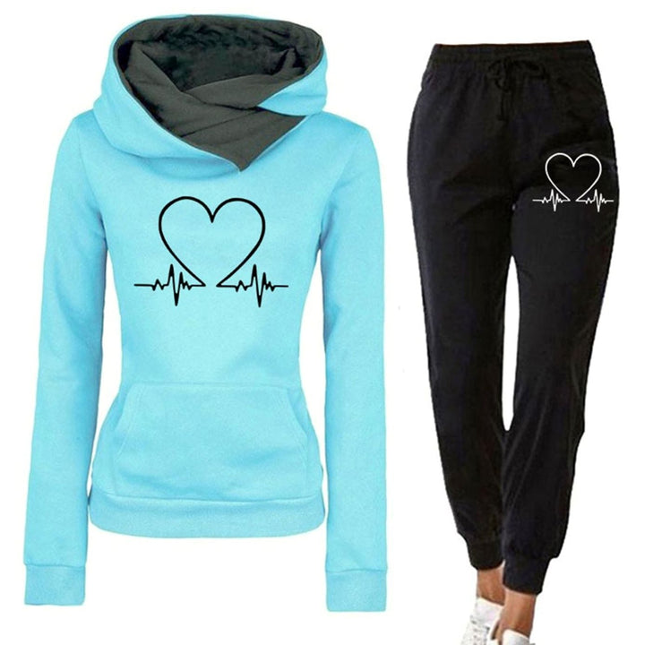 Women's Relaxed-Fit Heart-Print Two-Piece Tracksuit Hoodie Jogger Set - Blue