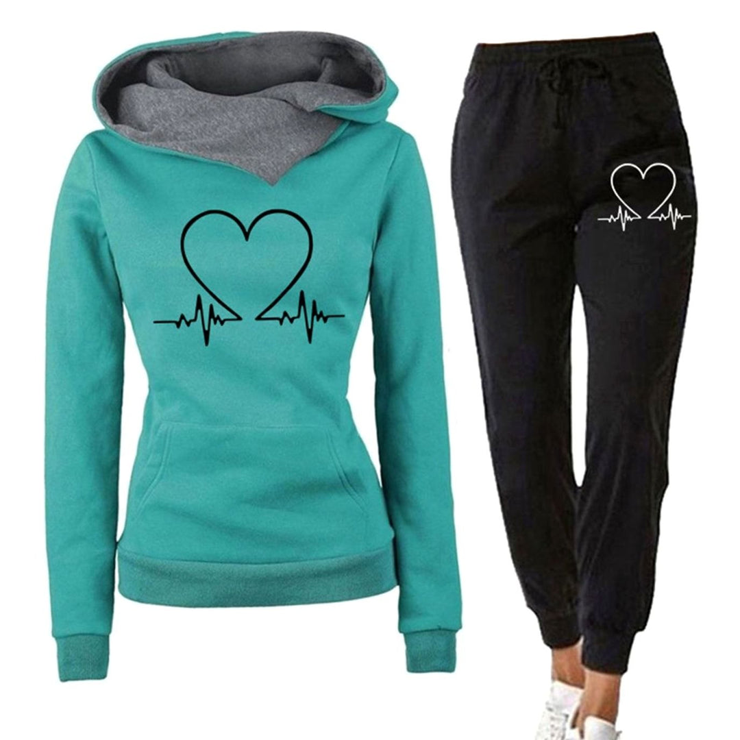 Women's Relaxed-Fit Heart-Print Two-Piece Tracksuit Hoodie Jogger Set - Green