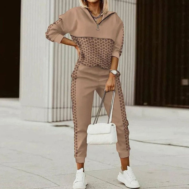 Women's Relaxed-Fit Quarter-Zip Tracksuit Set Monogram Print - Brown