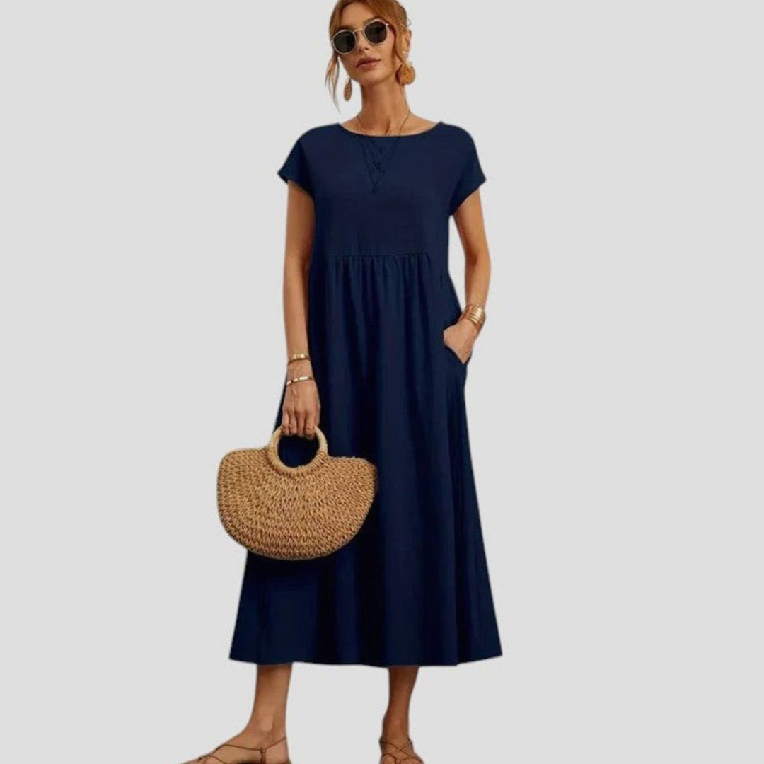 Women's Relaxed-Fit Round-Neck Short-Sleeve Midi Dress with Pockets - Dark Blue