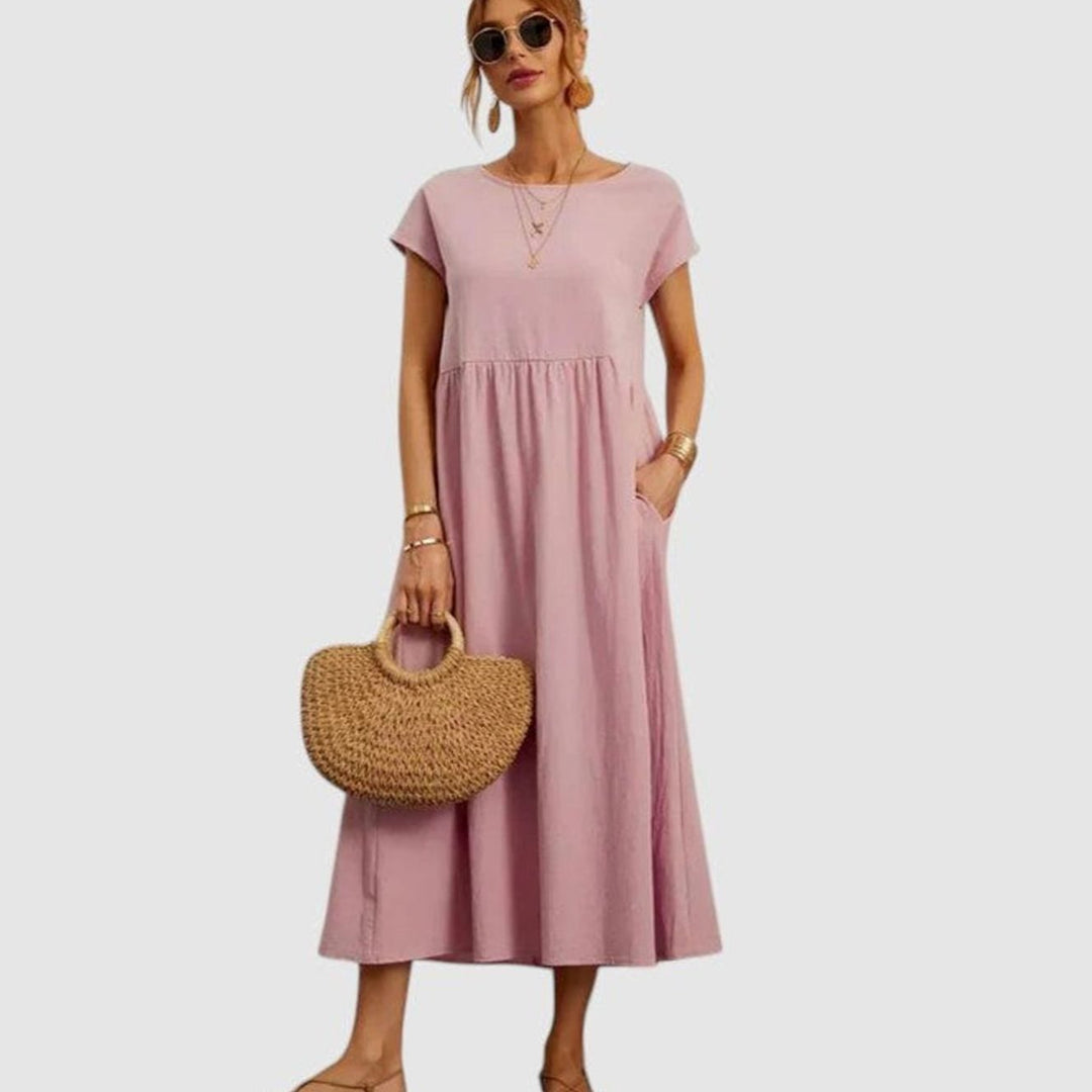 Women's Relaxed-Fit Round-Neck Short-Sleeve Midi Dress with Pockets - Rose