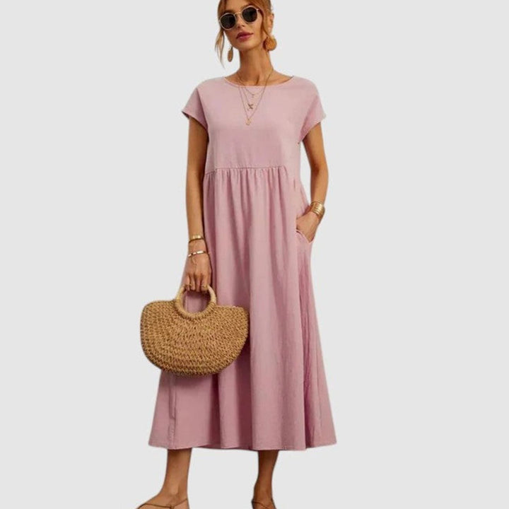 Women's Relaxed-Fit Round-Neck Short-Sleeve Midi Dress with Pockets - Rose