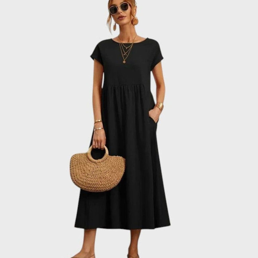 Women's Relaxed-Fit Round-Neck Short-Sleeve Midi Dress with Pockets - Black