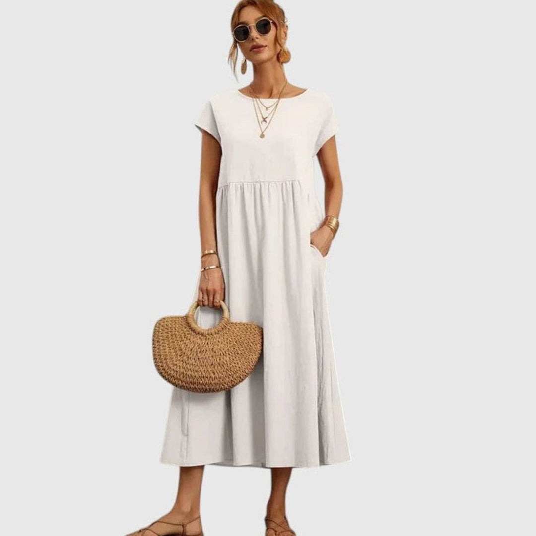 Women's Relaxed-Fit Round-Neck Short-Sleeve Midi Dress with Pockets - White