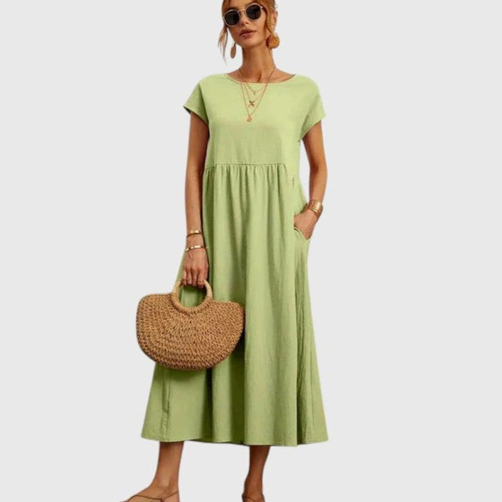 Women's Relaxed-Fit Round-Neck Short-Sleeve Midi Dress with Pockets - Light Green