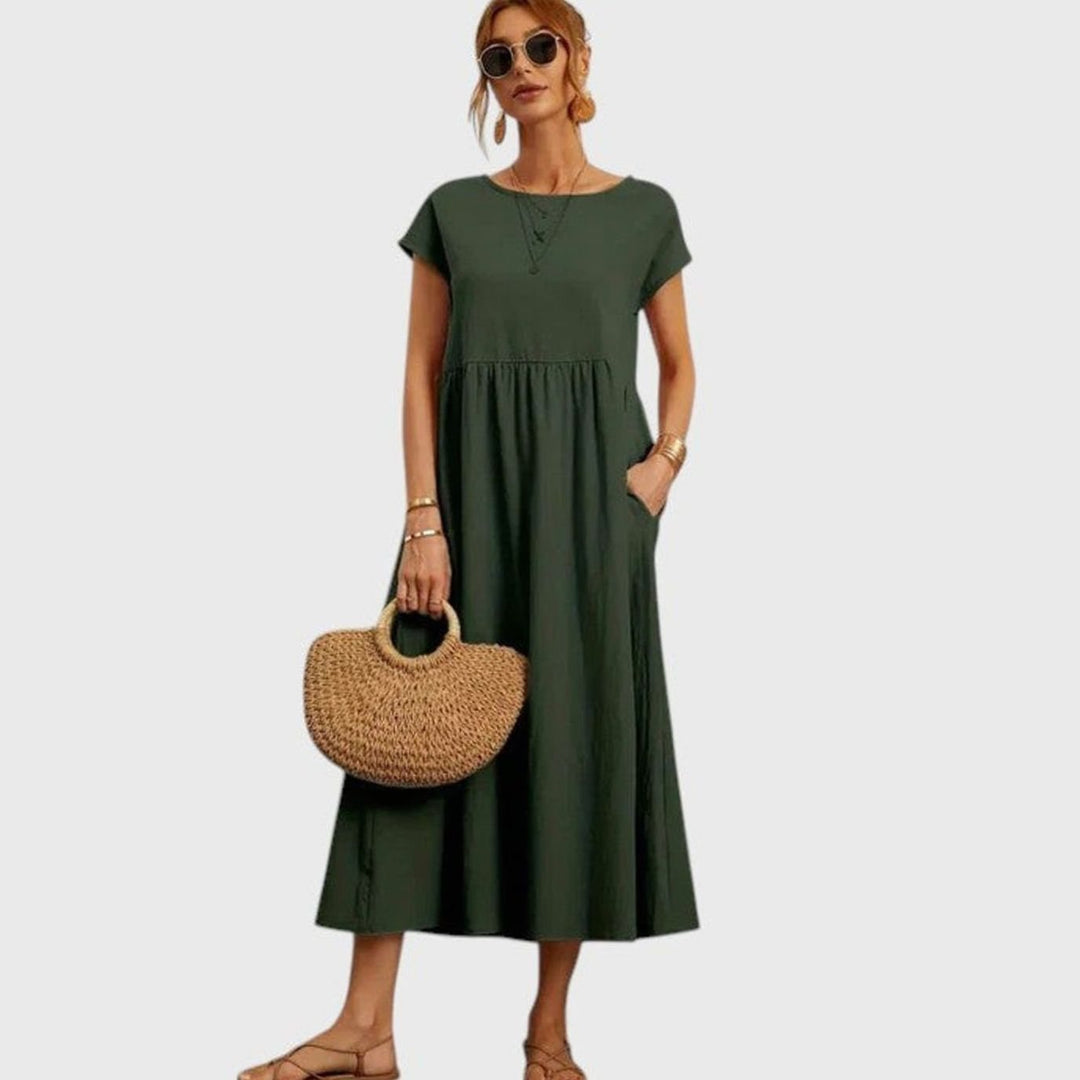 Women's Relaxed-Fit Round-Neck Short-Sleeve Midi Dress with Pockets - Dark Green