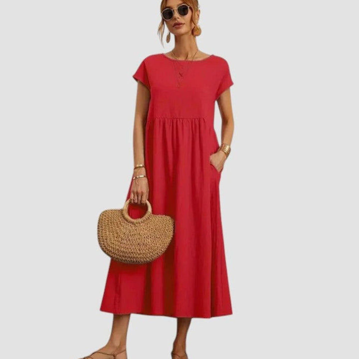 Women's Relaxed-Fit Round-Neck Short-Sleeve Midi Dress with Pockets - Red