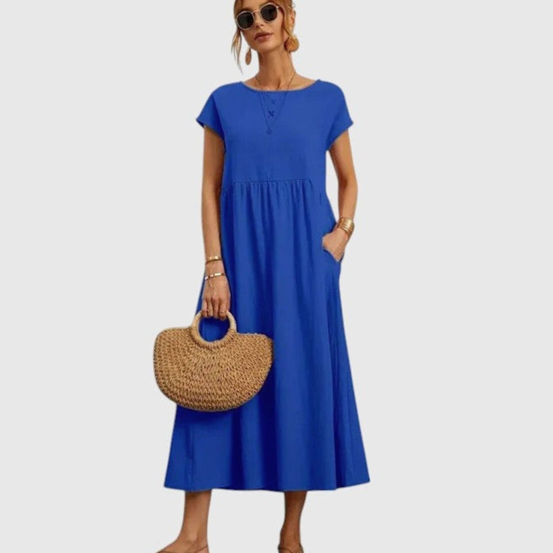 Women's Relaxed-Fit Round-Neck Short-Sleeve Midi Dress with Pockets - Blue