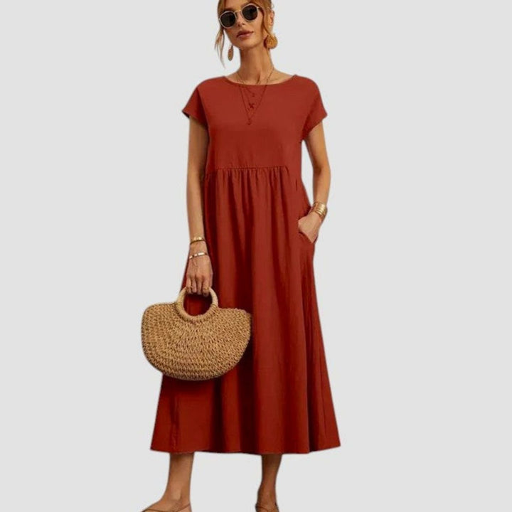 Women's Relaxed-Fit Round-Neck Short-Sleeve Midi Dress with Pockets - Rust