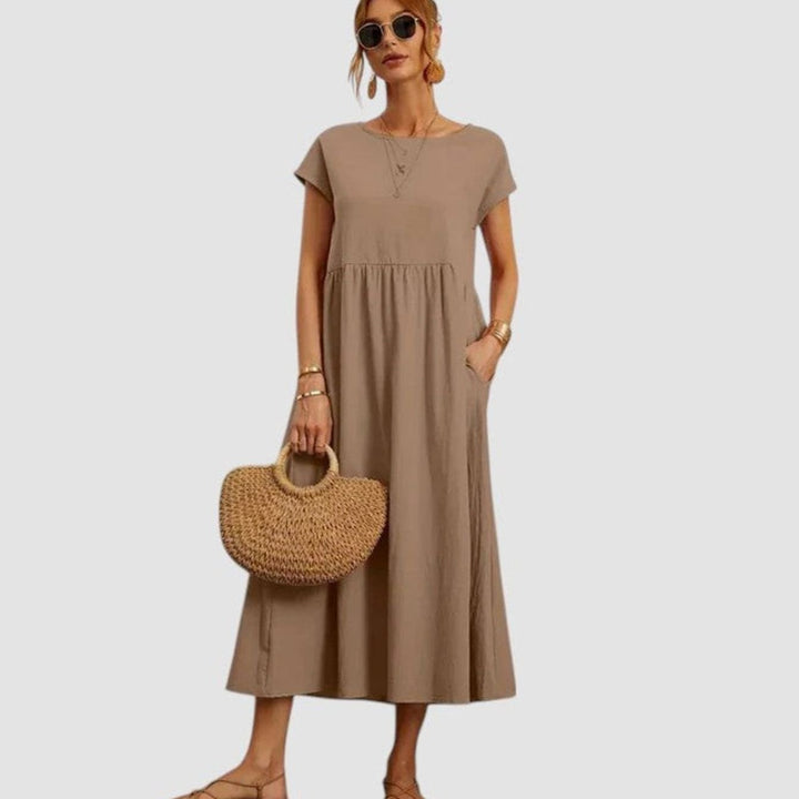 Women's Relaxed-Fit Round-Neck Short-Sleeve Midi Dress with Pockets - Khaki