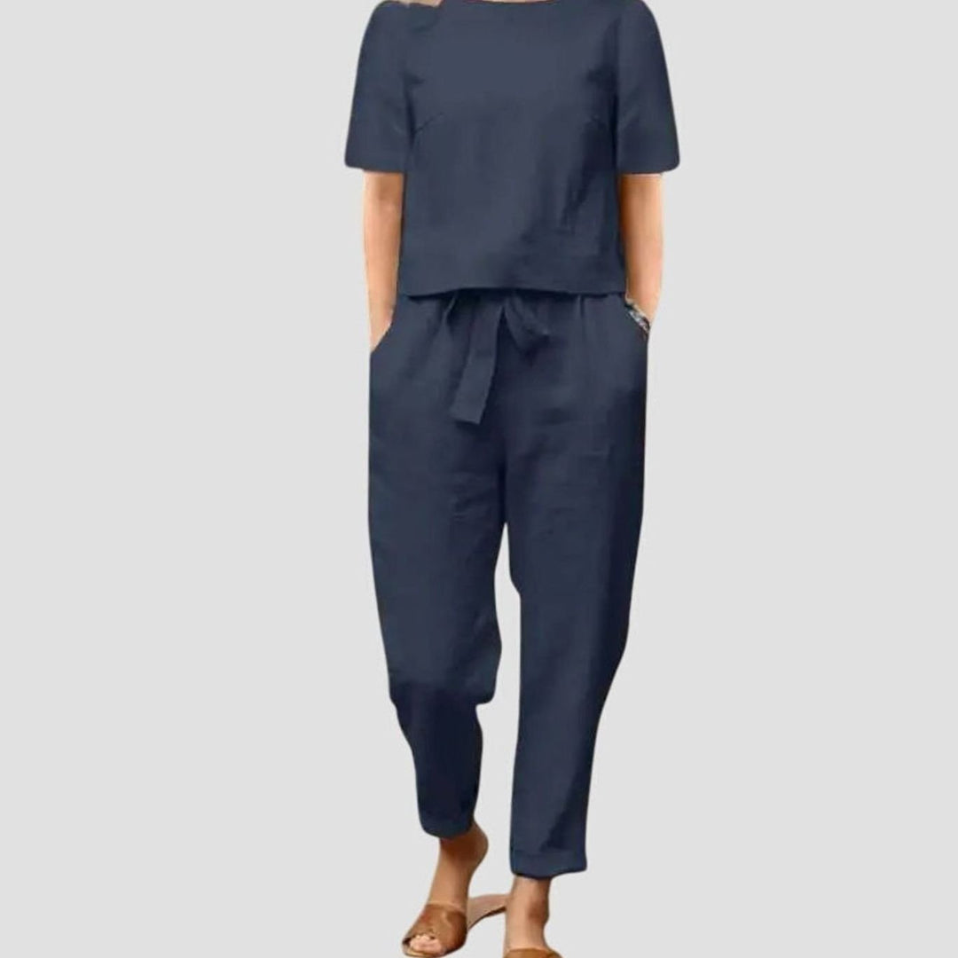 Women's Relaxed-Fit Short-Sleeve Drawstring Summer Co-Ord Set - Blue