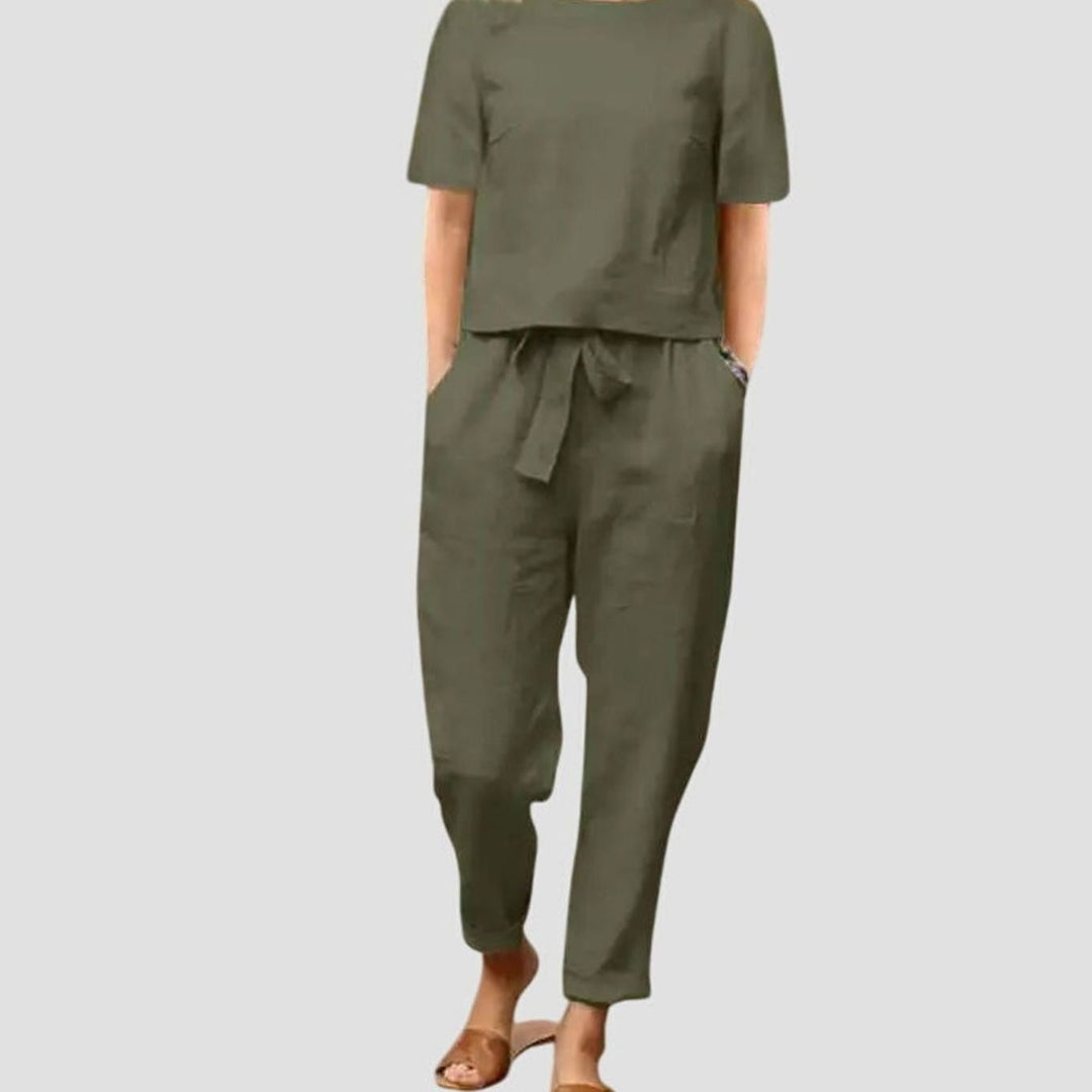 Women's Relaxed-Fit Short-Sleeve Drawstring Summer Co-Ord Set - Green