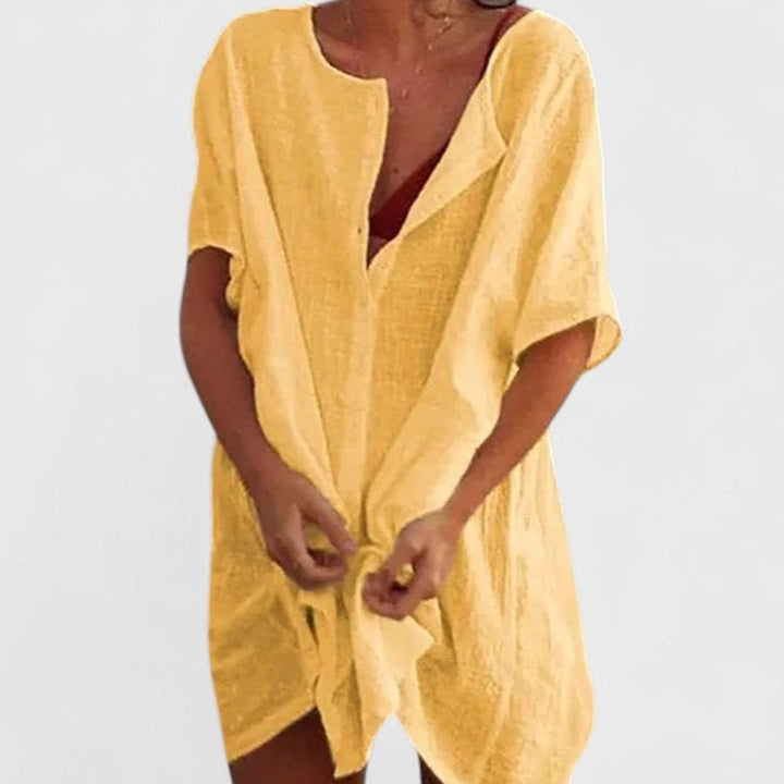 Women's Relaxed-Fit Short-Sleeve Tie-Front Tunic Dress - Yellow