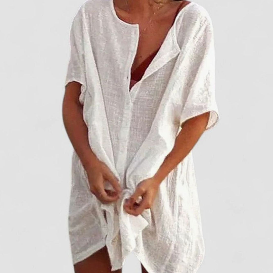 Women's Relaxed-Fit Short-Sleeve Tie-Front Tunic Dress - White