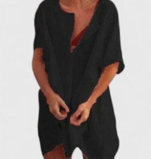 Women's Relaxed-Fit Short-Sleeve Tie-Front Tunic Dress - Black