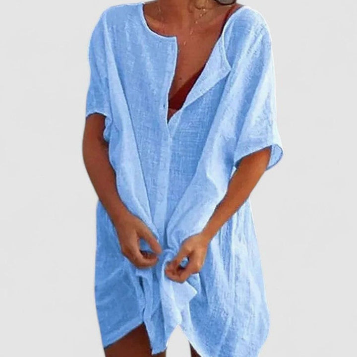 Women's Relaxed-Fit Short-Sleeve Tie-Front Tunic Dress - Blue
