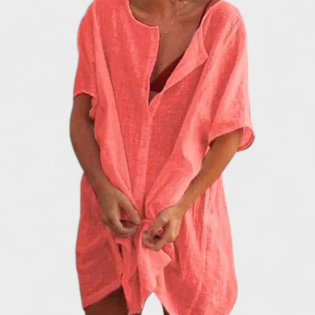 Women's Relaxed-Fit Short-Sleeve Tie-Front Tunic Dress - Red
