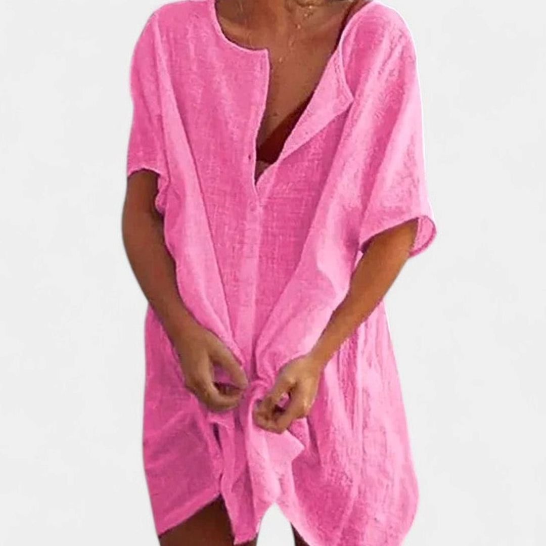 Women's Relaxed-Fit Short-Sleeve Tie-Front Tunic Dress - Pink