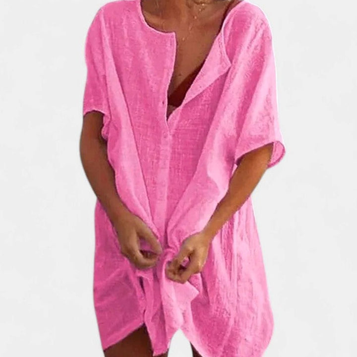 Women's Relaxed-Fit Short-Sleeve Tie-Front Tunic Dress - Pink