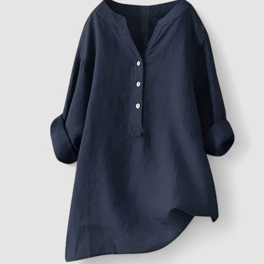 Women's Relaxed-Fit V-Neck Button-Front Shirt Curved Hem Tunic - Navy Blue