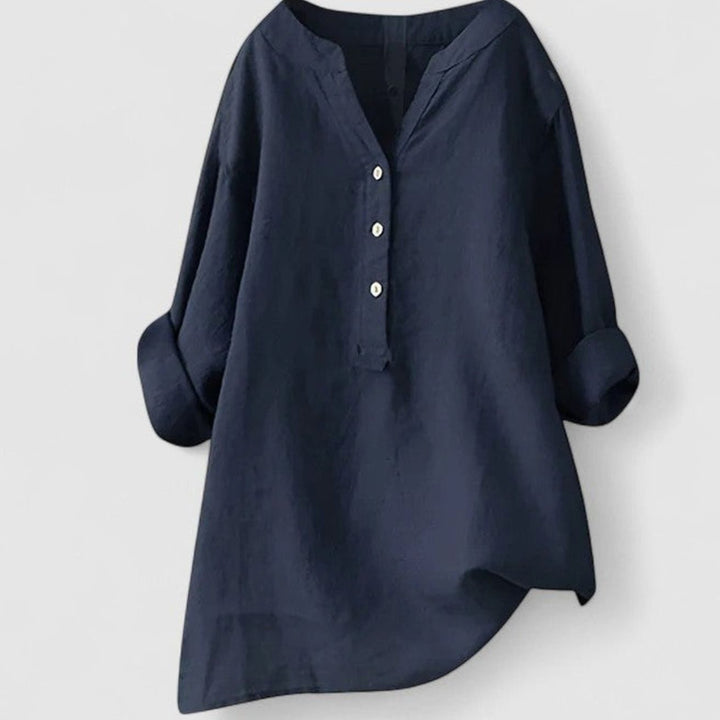 Women's Relaxed-Fit V-Neck Button-Front Shirt Curved Hem Tunic - Navy Blue
