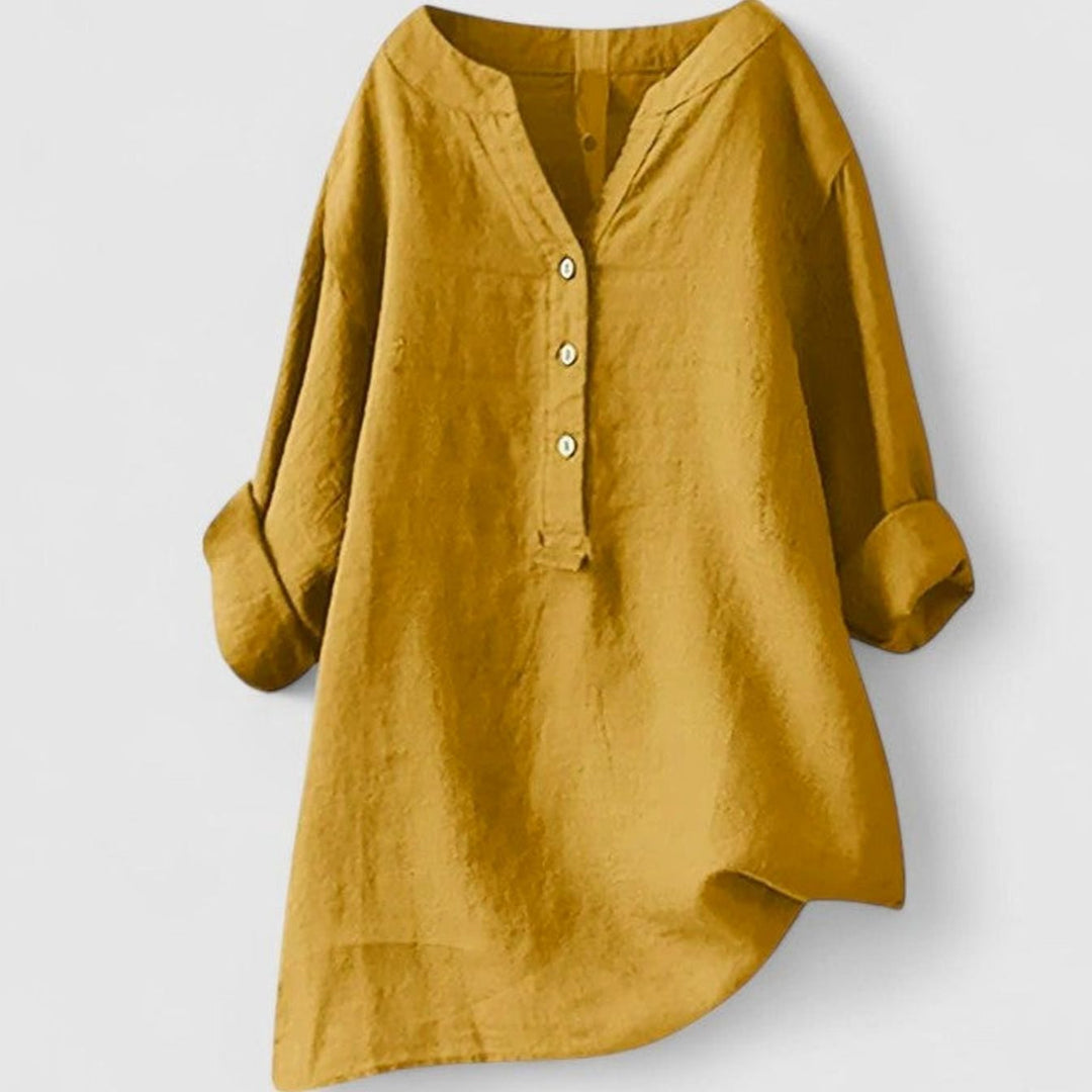 Women's Relaxed-Fit V-Neck Button-Front Shirt Curved Hem Tunic - Yellow