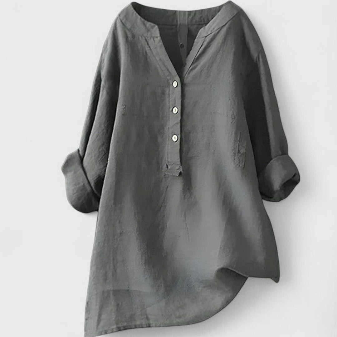 Women's Relaxed-Fit V-Neck Button-Front Shirt Curved Hem Tunic - Light Gray