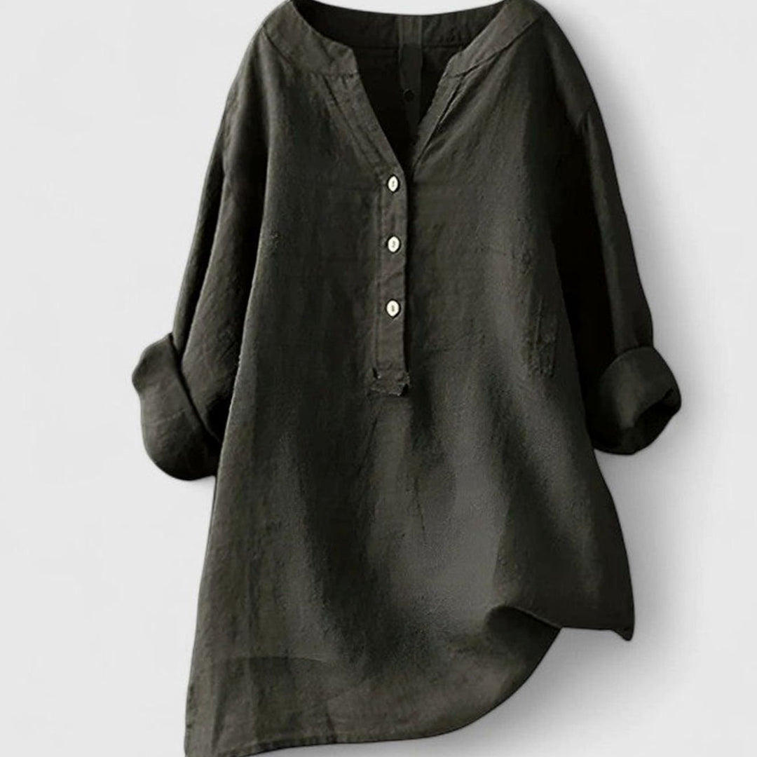 Women's Relaxed-Fit V-Neck Button-Front Shirt Curved Hem Tunic - Dark Gray