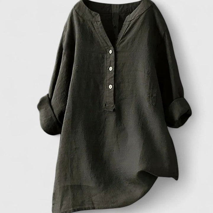 Women's Relaxed-Fit V-Neck Button-Front Shirt Curved Hem Tunic - Dark Gray