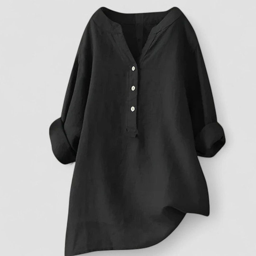 Women's Relaxed-Fit V-Neck Button-Front Shirt Curved Hem Tunic - Black