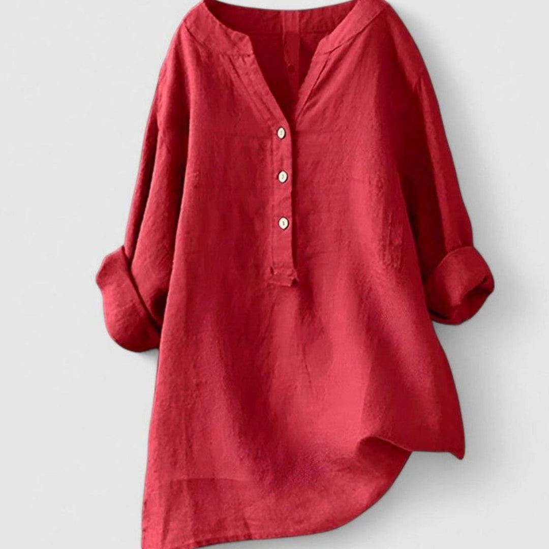 Women's Relaxed-Fit V-Neck Button-Front Shirt Curved Hem Tunic - Red