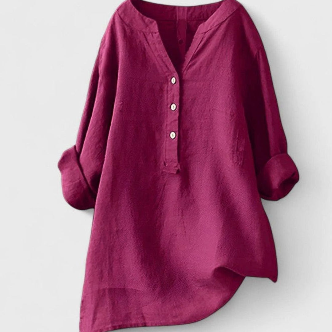 Women's Relaxed-Fit V-Neck Button-Front Shirt Curved Hem Tunic - Pinkish Red