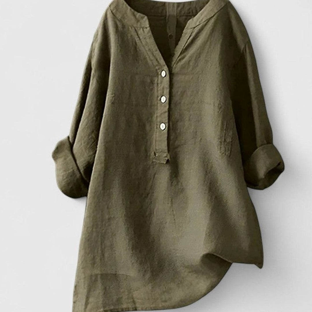 Women's Relaxed-Fit V-Neck Button-Front Shirt Curved Hem Tunic - Brown