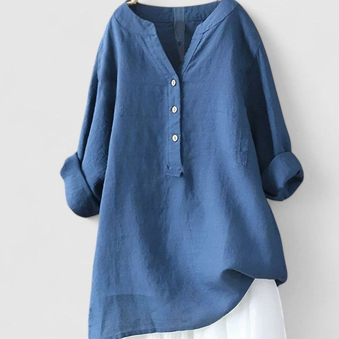 Women's Relaxed-Fit V-Neck Button-Front Shirt Curved Hem Tunic - Royal Blue