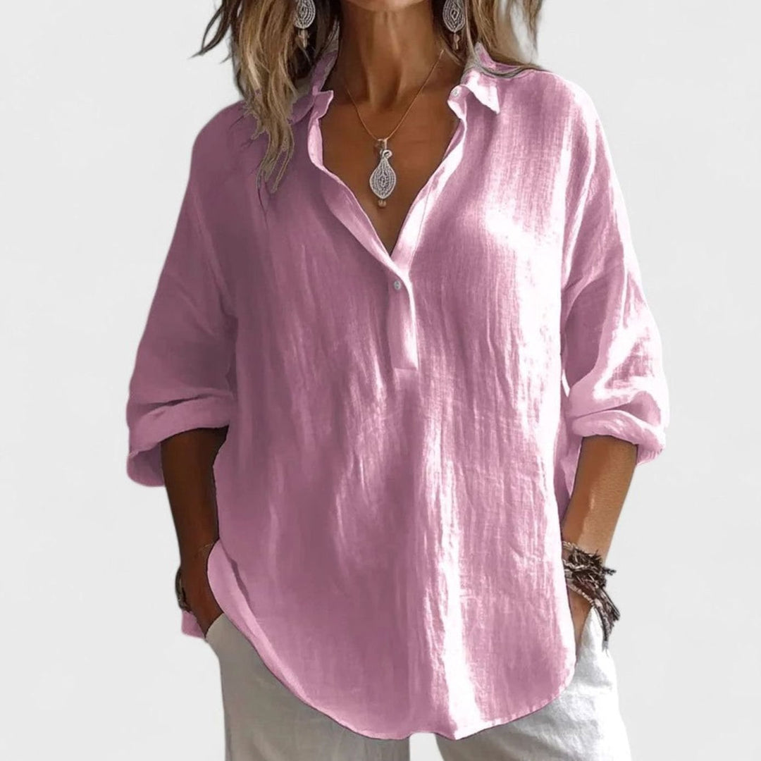 Women's Relaxed-Fit V-Neck Long-Sleeve Elegant Blouse - Pink