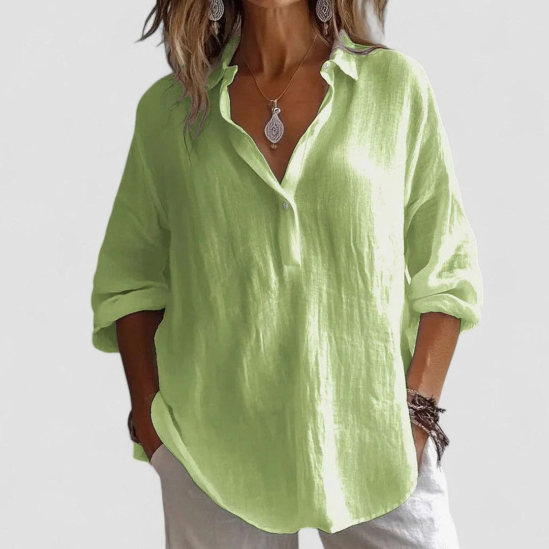 Women's Relaxed-Fit V-Neck Long-Sleeve Elegant Blouse - Green