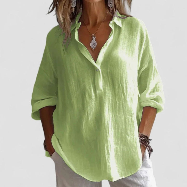 Women's Relaxed-Fit V-Neck Long-Sleeve Elegant Blouse - Green