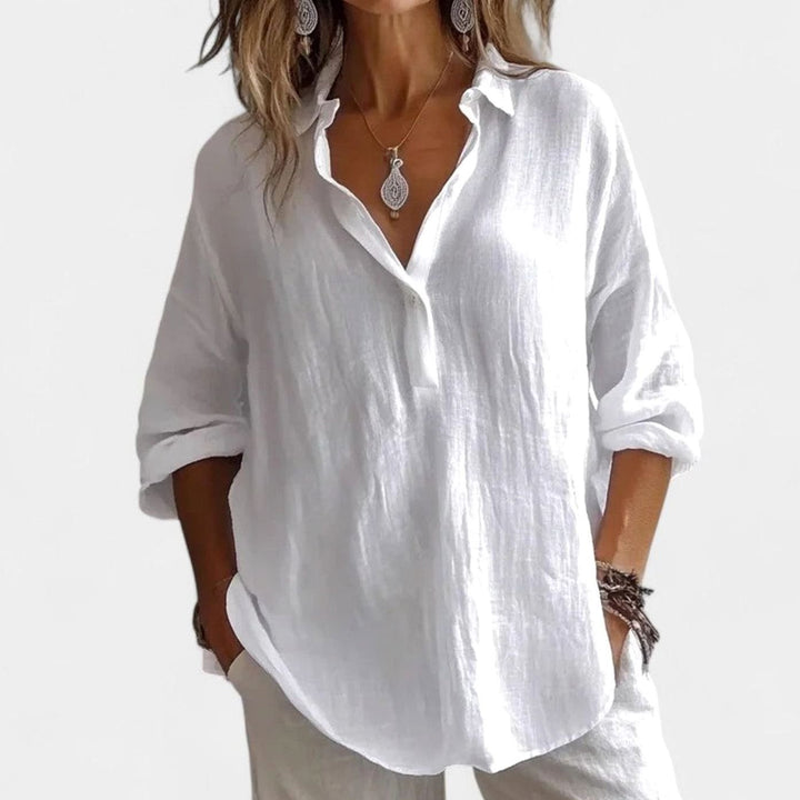 Women's Relaxed-Fit V-Neck Long-Sleeve Elegant Blouse - White